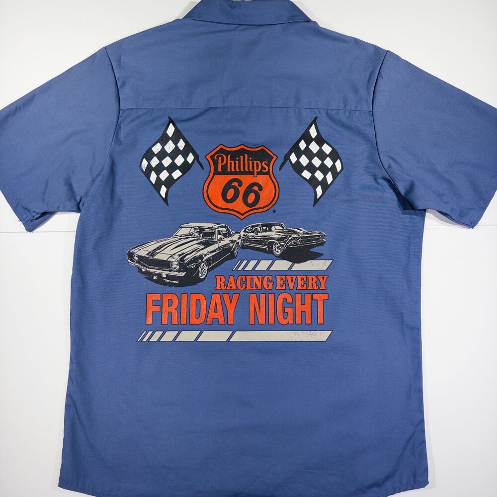 Phillips 66 Men's Racing Every Friday Night Mechanic Work Blue Shirt - Small